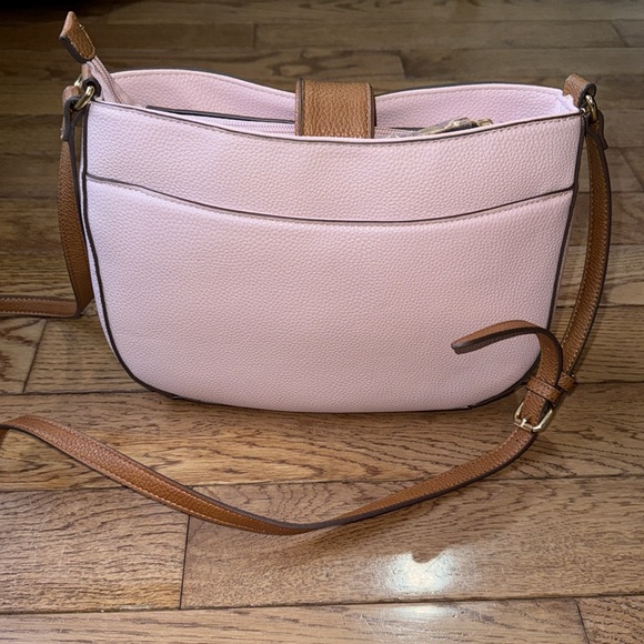 Anne Klein Pink with Tan Trim Faux Pebbled Leather Crossbody Bag - Picture 6 of 12